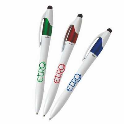 White Barrel European Design Ballpoint Pen w/3 Writing Ink Colors & Stylus